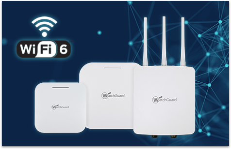 蓝色发光背景上的 WatchGuard Wi-Fi 6 接入点